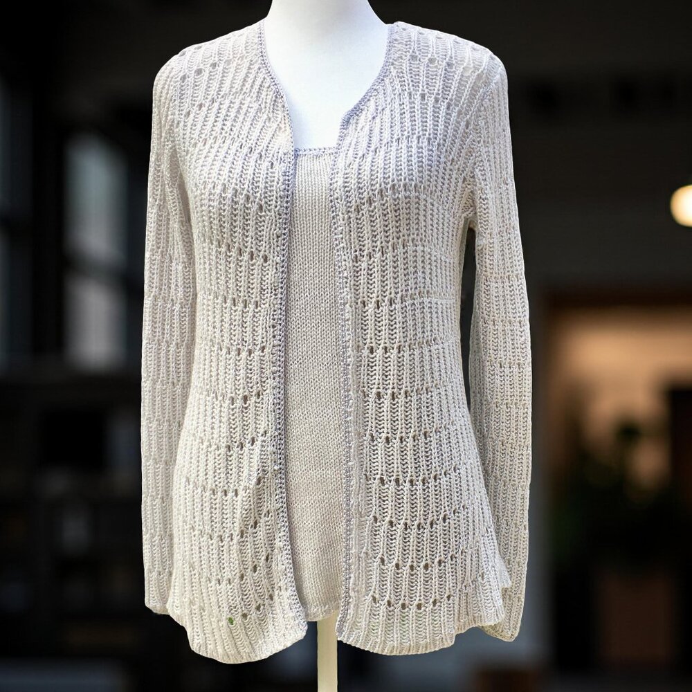 Chico’s Two-Piece Knit Sweater Set Open Front Cardigan, Sleeveless Top (Sz 0/Sm)